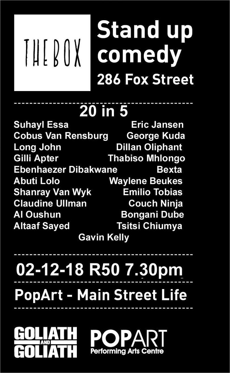 POPArtJHB's tweet photo. Tonight!!!
It’s the last #TheBoxComedy for 2018 so we are celebrating with a 20in5! 20 comedians. 5 minutes each. Still 50 bucks
With @The_Shwale @EricJGJansen @Gavykelly @gillog @ClaudiOkKiddo @ThabisoComedian @TsitsiChiumya @Our_Ebenhaezer @dillanoliphant and more https://t.co/coDCELrmsq