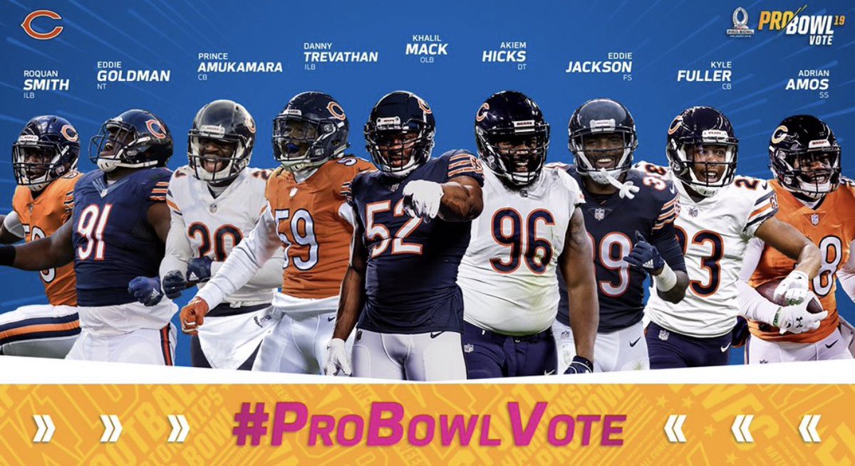 GAMEDAY 🐻⬇️ RT to vote my brothers &amp; I into the probowl. #ProbowlVote 
<a href="/jamsdans/">James Daniels</a> 
<a href="/TarikCohen/">Tarik Cohen</a> 
<a href="/WhItehair76/">Cody Whitehair</a> 
<a href="/Mtrubisky10/">Mitchell Trubisky</a> 
<a href="/TreyBurton8/">Trey Burton</a> 
<a href="/charleslenojr72/">Charles Leno Jr</a> 
@RoquanSmith1 
@EddieGoldman 
<a href="/PrinceAmukamara/">Prince Amukamara</a> 
<a href="/Grindin_59/">Danny Trevathan</a>
@52Mack_ 
<a href="/The_Dream99/">akiem hicks</a> 
<a href="/EJackson_4/">Eddie Jackson</a> 
Kyle Fuller
@SmashAmos38