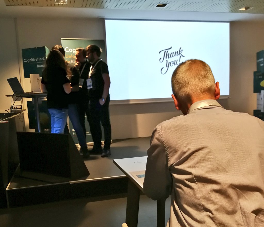 CodemotionIT's tweet photo. La giuria chiede ai partecipanti demo live a supporto del pitch: la tensione aumenta! #CognitiveHack https://t.co/htIzSjFJvA