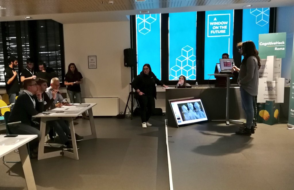 CodemotionIT's tweet photo. La giuria chiede ai partecipanti demo live a supporto del pitch: la tensione aumenta! #CognitiveHack https://t.co/htIzSjFJvA