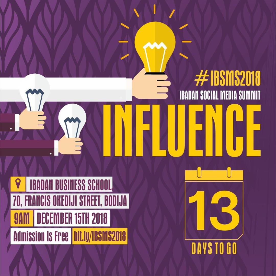 JideSpark's tweet photo. Ibadan Social Media Summit 2018
Date: 15th December 2018
.
Time: 9 am Prompt
.
Venue: Ibadan Business School, Bodija, Ibadan
Registeration: https://t.co/4RVjo3fRNs
Registration closes on the 11th December 2018
#ibsms2018 #ibsms https://t.co/mNSO7HFw1I
