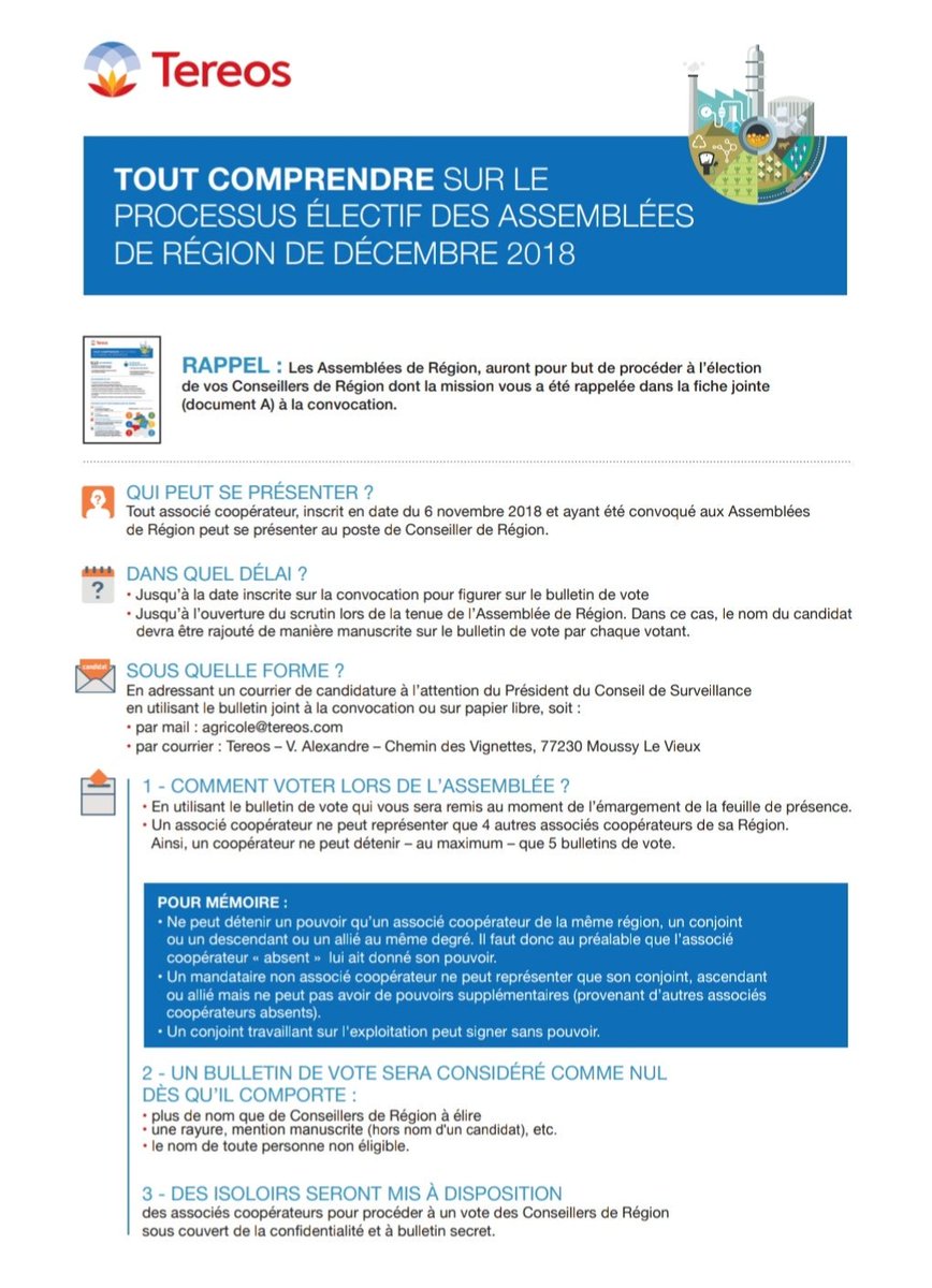 Demain élection des conseillers régionaux en Nord Littoral. Pas une opposition d'un camp contre l'autre mais un objectif : assurer une bonne représentation des régions #Tereos pour un travail efficace en commissions thématiques.
Pour tout savoir sur le vote: