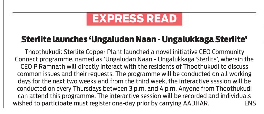 sterlite_copper's tweet photo. Sterlite launches 'Ungaludan Naan - Ungalukkaga Sterlite' wherein anyone from #Thoothukudi can directly interact with our CEO, Mr @ramnath_ps https://t.co/BtXqQO6wUf