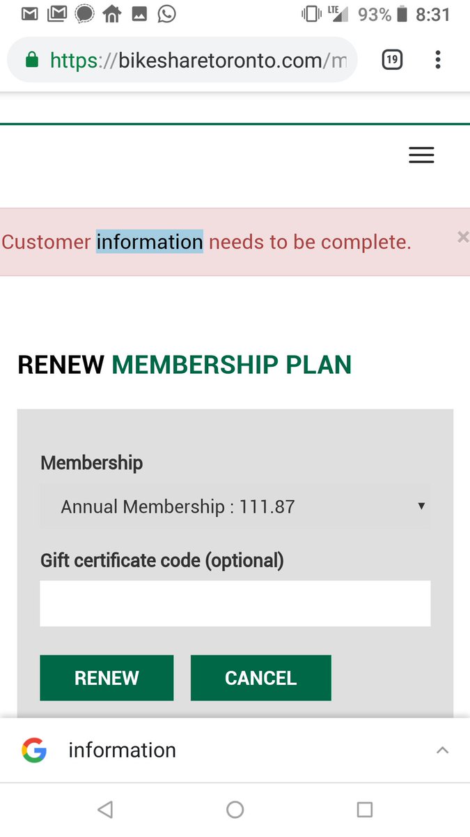 des4maisons's tweet photo. @BikeShareTO @marvinpinto More data: My plan is set to auto renew as seen in screenshot. Did not auto renew. Hitting "renew" gave error in 2nd screenshot. I was able to renew after updating my profile (only thing I did was re-fill in my verif. Q w/ same answer as before) https://t.co/ih1pPhSxCP