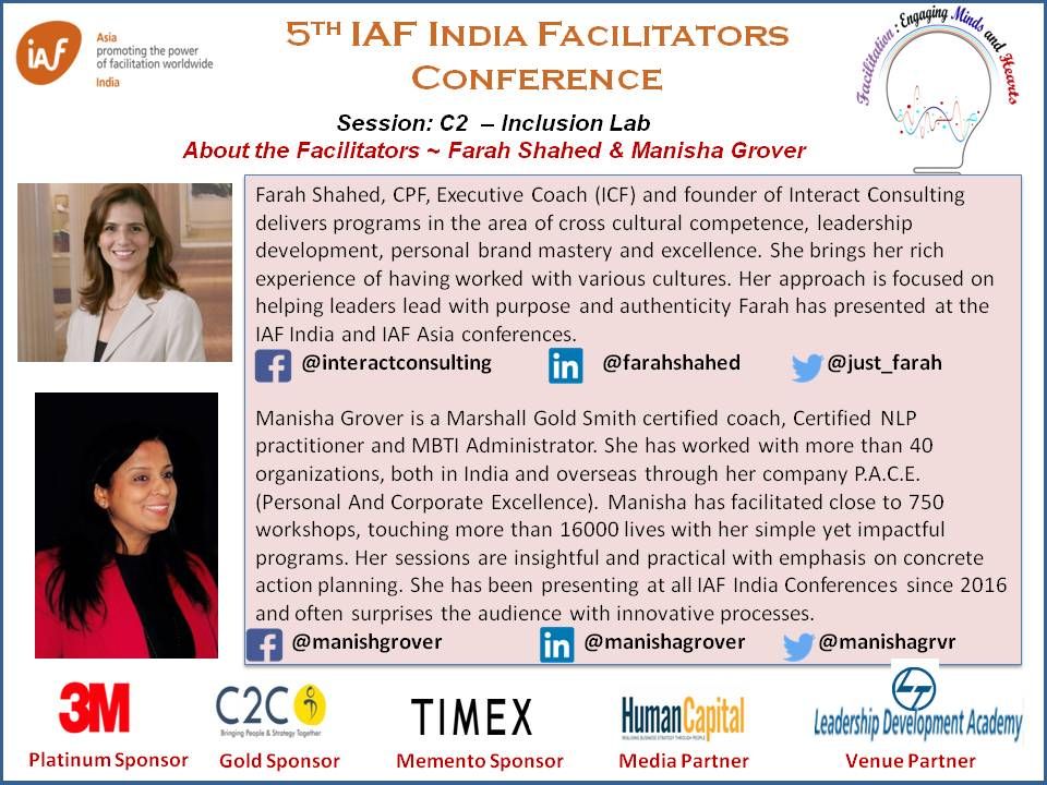 IAFIndiaOrg's tweet image. About the facilitators - Meet the facilitators for the Session C2 : Inclusion Lab&quot; Manisha Grover and Farah Shahed

#iafindia18 #facind #facilitation
@manishgrvr @just_farah @Timex_India @3MIndialimited @c2cod @HumanCapitalOnl