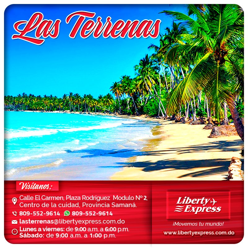 libertydom's tweet photo. ¡En nuestra agencia de #LasTerrenas trabajamos para tu comodidad! Ven a visitarnos y compruébalo tú mismo. Estamos en la calle El Carmen, Plaza Rodríguez, Módulo no. 2, Centro de la cuidad, Las Terrenas, Provincia Samana.
#RD #Dominicana #Courier #LibertyExpress https://t.co/PyL5Wlbwst