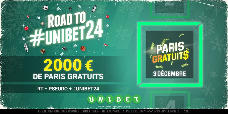 UnibetFrance's tweet image. 🎄 Road To #Unibet24 - JOUR 3 

🎁 100 x 20€ de Paris Gratuits à gagner ! 🤑

 🍀 Fin du jeu à 23h59 - TAS le 04/12 

#TeamParieur