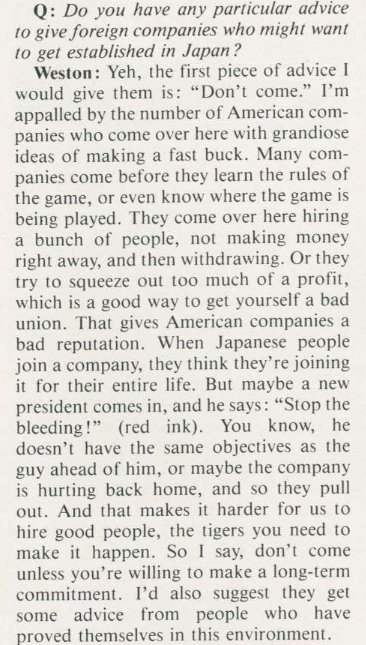 In that article, Weston lamented the "short-termism" of US firms who would enter the Japanese market, only to swiftly exit. You can still find foreign restaurants and retailers guilty of that behaviour today. /11 ( @JapanIntercult)