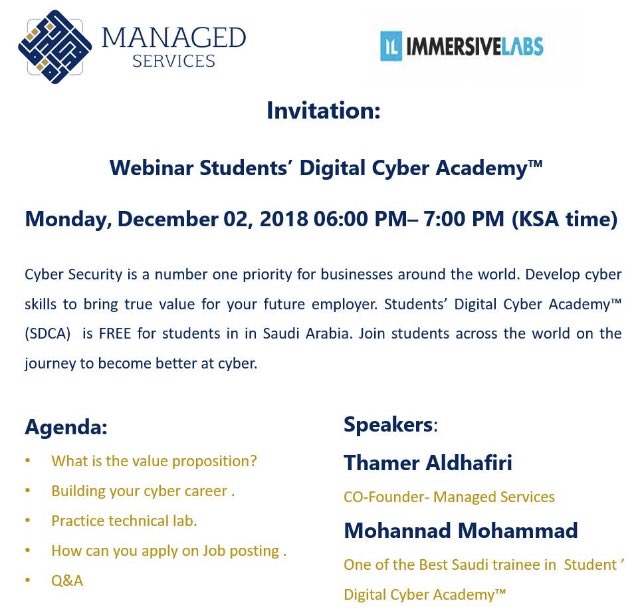 IL_SDCA's tweet photo. Registration is now open for Students’ Digital Cyber Academy™ in Saudi Arabia
Join us on : Monday, December 03, 2018 06:00 PM– 7:00 PM (KSA time)

Register Today: https://t.co/pH6UfGCnF9

@managedsa #freeforstudents https://t.co/hIPyDnbfhN