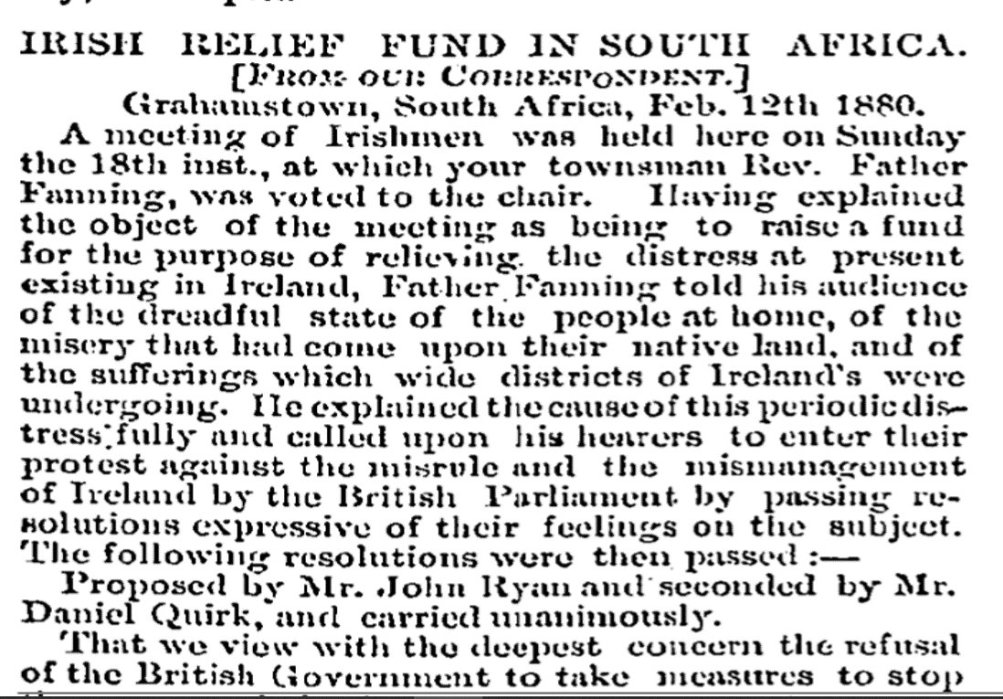 <a href="/IrishFaminesQU/">Famines in Ireland before 1845 and after 1852</a> When Ireland was struck by #famine in 1880 ('The forgotten famine') the #Irishdiaspora in #SouthAfrica responded sending money &amp; aid including this donation from #Grahamstown per Fr Fanning &amp; company <a href="/IrlEmbPretoria/">Irish Embassy Pretoria</a> <a href="/africanaunty/">Heather MacAlister</a> <a href="/EPICMuseumCHQ/">EPIC The Irish Emigration Museum</a>