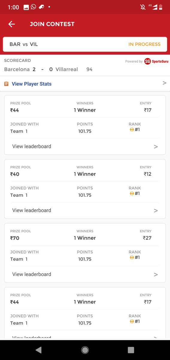 RNTkisena's tweet photo. #BARvsVIL 
#LaLiga 😋😎😎
 Won all Leauges😎
This was 1st match of the day ...
 Other matches not played small leauges  😁
#Dream11 https://t.co/ZZqBSPswuX