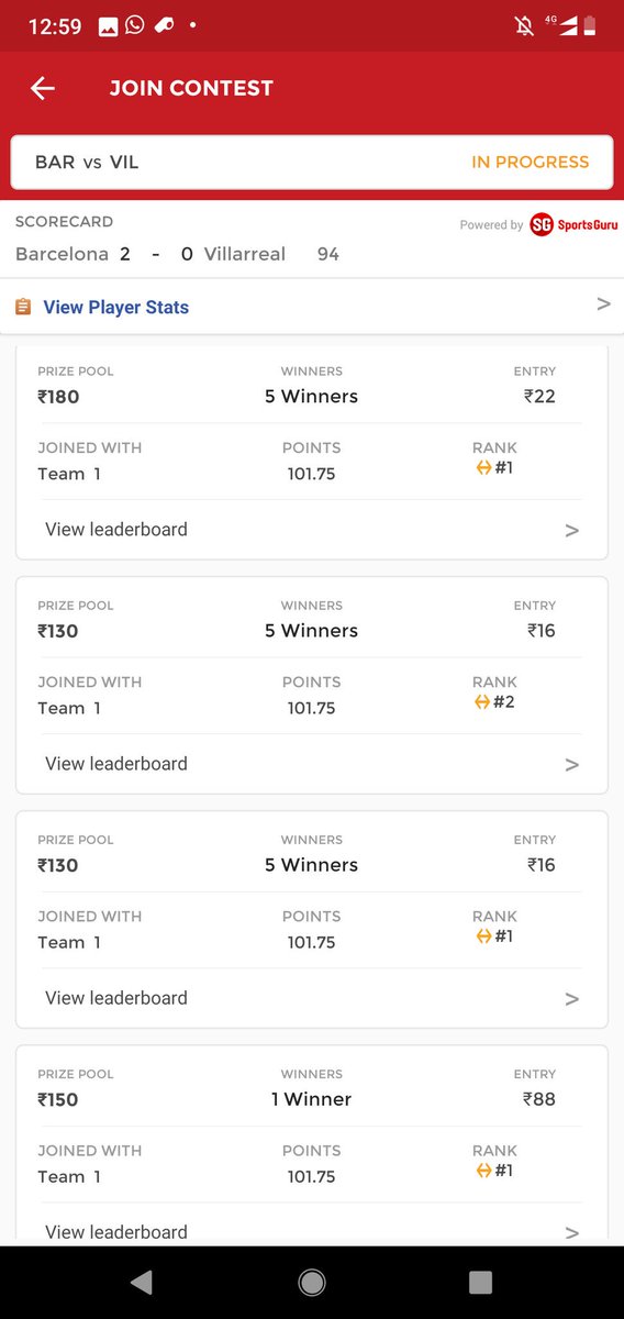 RNTkisena's tweet photo. #BARvsVIL 
#LaLiga 😋😎😎
 Won all Leauges😎
This was 1st match of the day ...
 Other matches not played small leauges  😁
#Dream11 https://t.co/ZZqBSPswuX