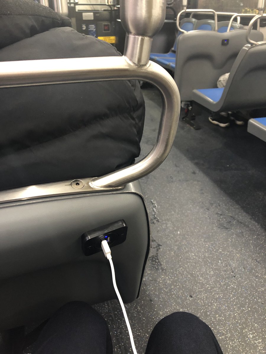 kevinaeh's tweet photo. The #MTA B26 bus I’m on has charging stations and a working sign that tells us what the next stops are and clean, available seats and it doesn’t smell, and I’ll never be able to ride another bus again. #stopwhileyoureahead https://t.co/e1D8s9ciK6
