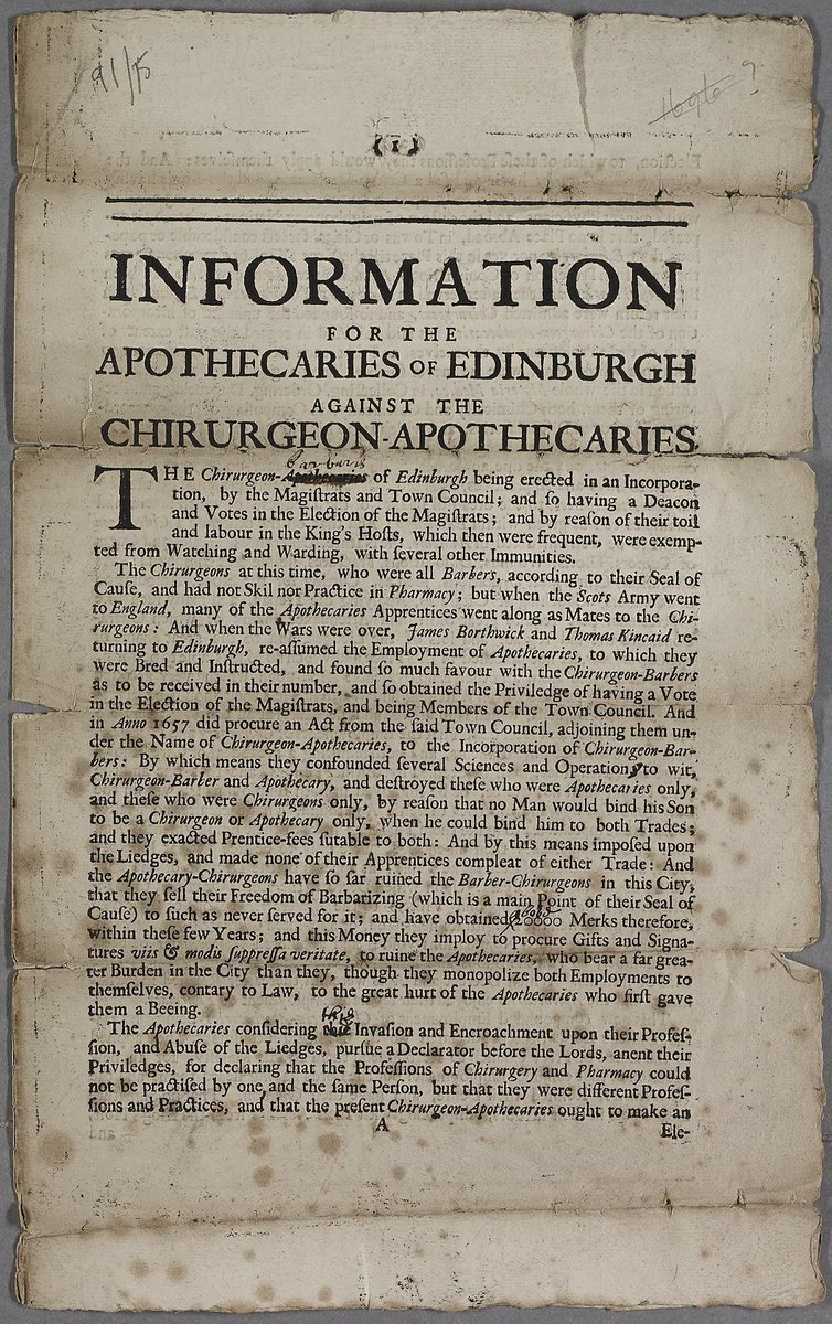 In #earlymodern Edinburgh medical practitioners often ignored occupational territories by prescribing cures, applying plasters, performing bloodletting &amp; other surgical procedures. See our digitised 16th-18th century manuscripts, now online! buff.ly/2U6y92A #histmed
