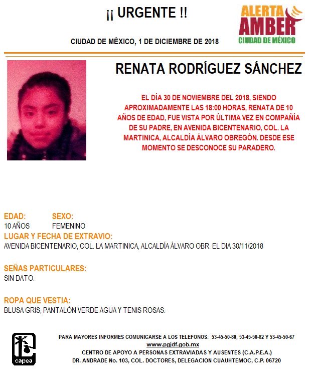 FiscaliaCDMX's tweet photo. Se activa #AlertaAmber para localizar a Renata Rodríguez Sánchez, vista por última vez en la colonia La Martinica, alcaldía Álvaro Obregón. https://t.co/FrHUVatqcL