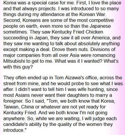 Here Loy Weston says he told Mitsubishi that he would judge franchise proposals from Korea based on whether applicants could introduce him to attractive women. /22