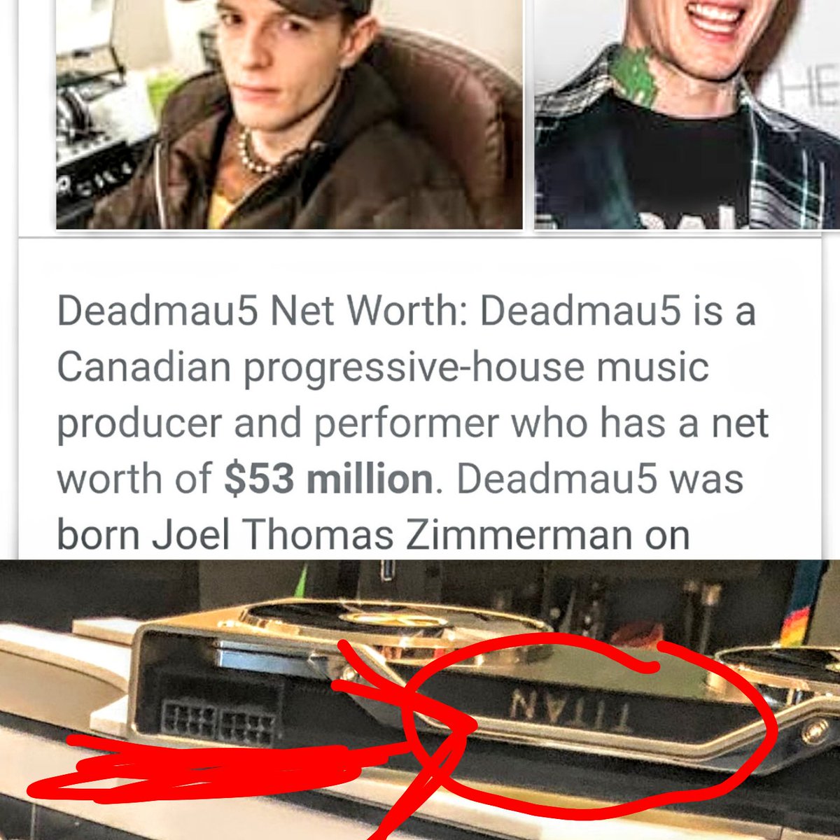watchtimmyjoe's tweet photo. The ironic part is @NVIDIAGeForce definitely gave deadmau5 this $2xxx RTX Titan and he's one of the only computer enthusiasts who will be able to afford it. #nvidia #bleedingusdry #nocareforgamers #sad https://t.co/dXk9T8cUjg