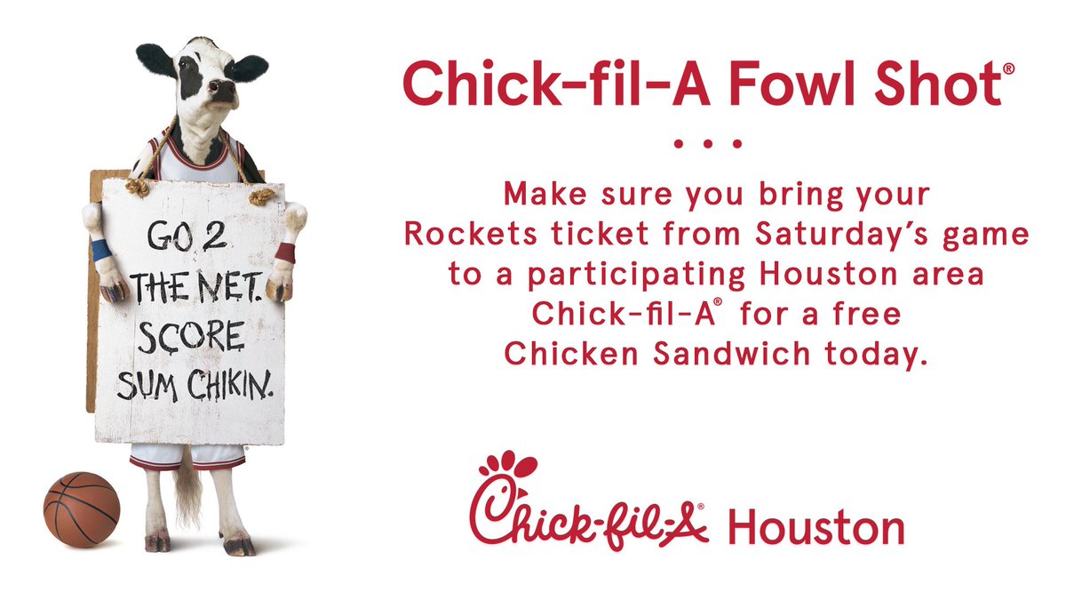 Houston Rockets (@HoustonRockets) on Twitter photo 2018-12-03 13:00:01 π£ Free @ChickfilA at participating locations TODAY if you were at Saturdays game. β¬οΈ Info β¬οΈ π£ Free @ChickfilA at participating locations TODAY if you were at Saturdays game. β¬οΈ Info β¬οΈ