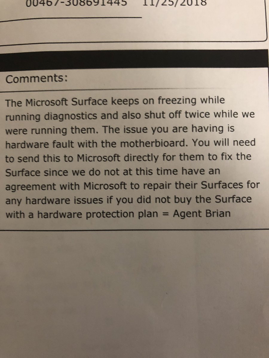 lritchie5's tweet photo. @Microsoft So you are ok w/selling @surface that lasts only 14 mos!?Never had this prob w/ Mac or HP! Daughter in panic with 2 wks left b4 finals and motherboard failed! Store &amp; Support wasn’t to CHARGE me to EXCHANGE! Not happy!!! https://t.co/YuTjuG0Msl
