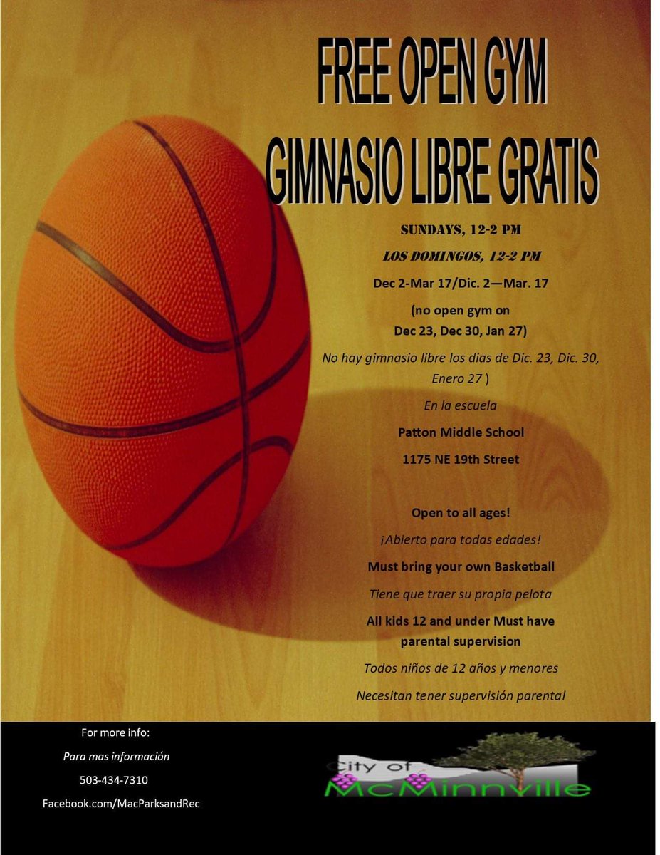MACParksandRec's tweet image. Starting TODAY (Sunday) at Patton Middle School. Please read the info in the flyer! Enter through the back doors (by the tennis courts). Hope to see you there! #McMinnville