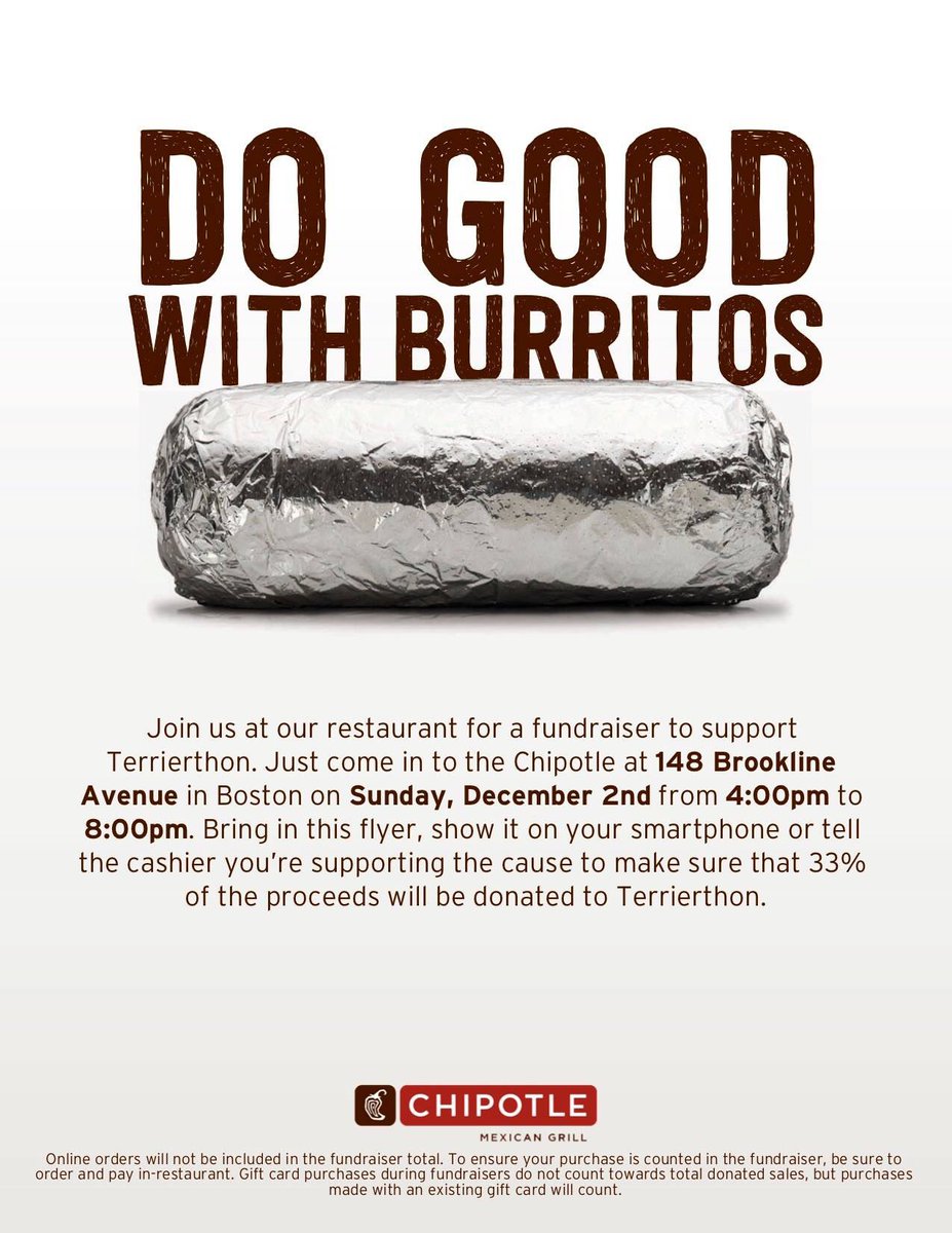 BUterrierthon's tweet photo. Hey BU! Stop by the Chipotle near Fenway tonight from 4-8pm and enjoy a yummy dinner while supporting TerrierThon! Just show this flyer at checkout to have a percentage of your bill donated to Boston Children's Hospital! Share with your friends! 
 #BostonUniversity #DanceMarathon https://t.co/URuGKY9sEU