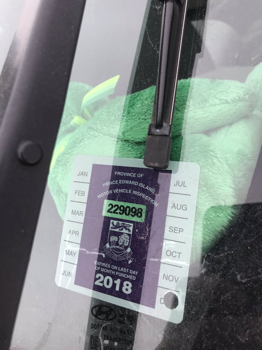 TrafficPE's tweet photo. Have a look at your inspection sticker... if it’s Purple you are either expired or have less than a month to get your vehicle inspected!!!! The 2019 stickers are yellow in colour. Cst. Parsons https://t.co/rn91Jgc535 (via @RCMPPEITraffic)