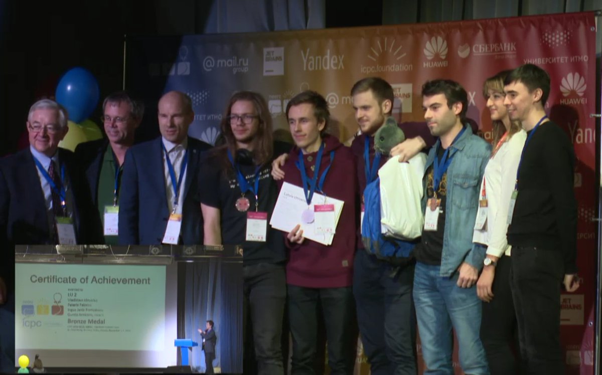 IR! 🎉 <a href="/universitatelv/">Latvijas Universitāte</a> studentu komanda - Pēteris Pakalns, Vladislavs Kļevickis un Ingus Jānis  Pretkalniņš - aprīlī dosies uz ACM pasaules programmēšanas sacensību finālu Portugālē! Plašāk - rīt df.lu.lv