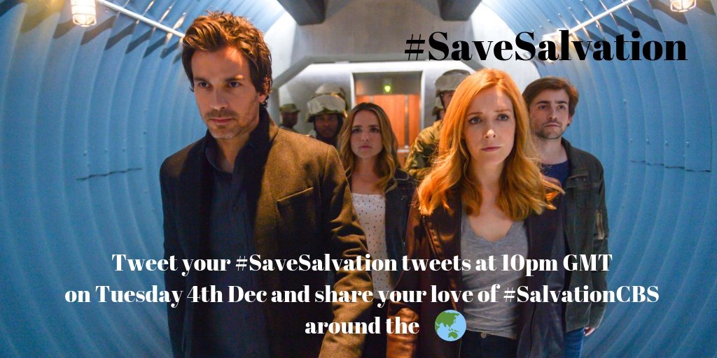 Listen up #Salvies !!
aiming to hashtag trend on Tuesday 
See below and tweet at 10pm GMT (or equivalent local time) if you can, or schedule using tweetdeck on yr pc.
Use #SaveSalvation on your tweets and remember to RT too!
Show how much the 🌎 loves @SalvationCBS ☄☄☄
PLSE RT