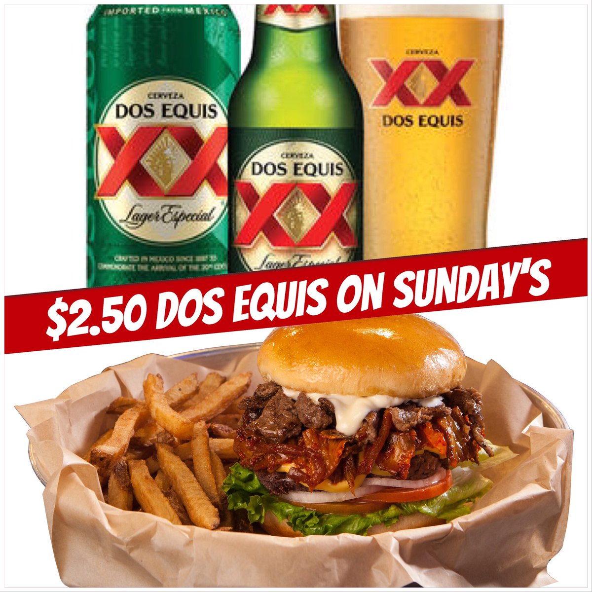 borderburgerbar's tweet photo. Happy game day 🏈 with $2.50 DosXX at Border Burger Bar El Paso! 💯🍺🍻🍔😎🤗 #borderburgerbar #elpaso #elpasotx #texas #foodporn #foodie #burgers #beer #sunday #sundayfunday #dosequis #makeitred https://t.co/prLLMiN1Do