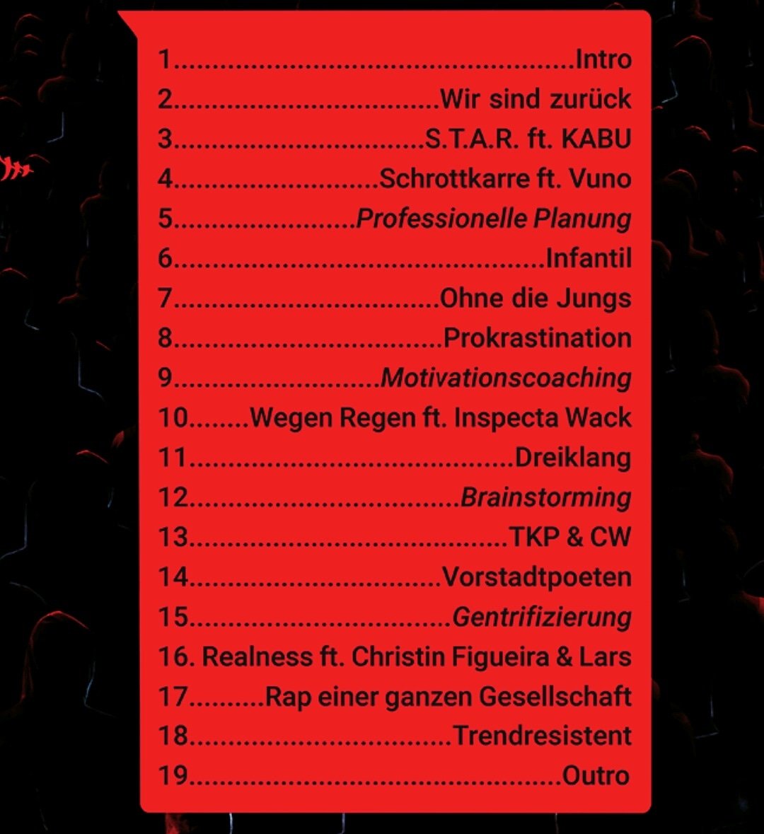 MoTweetondaBeat's tweet photo. Tracklist zum Album "Rap einer ganzen Gesellschaft", das am 7.12.2018 erscheint.

#rapeinerganzengesellschaft #rap #gesellschaft #hiphop #deutschrap #album #rapperlife #albumkommt #cologne #köln #reggs #crewlove #tracklist #songs #beats #merheim #artists #schwarzundrot #rapalbum https://t.co/R5HiKjaio6