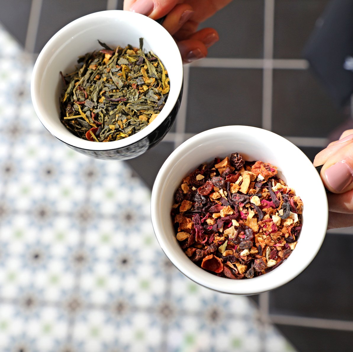 Tea time with Rosie &amp; Envy. Our Rosie tea is a fruity medley of apples, stone fruits, black currants, rose petals, hibiscus, and rose hips. Our blood orange green tea ‘Envy’ is a zesty blend of Chinese Sencha, dried citrus peels, apples, hibiscus and rose hips. #devillecoffee