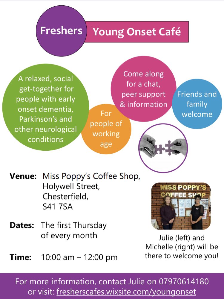 FreshersCafes's tweet photo. @YoungDementiaUK So sorry about the delay in replying - the tweet slipped through the net! The contact details are in your inbox, and here’s the poster for the Chesterfield Freshers Cafe too! https://t.co/VQhNXrhJf0