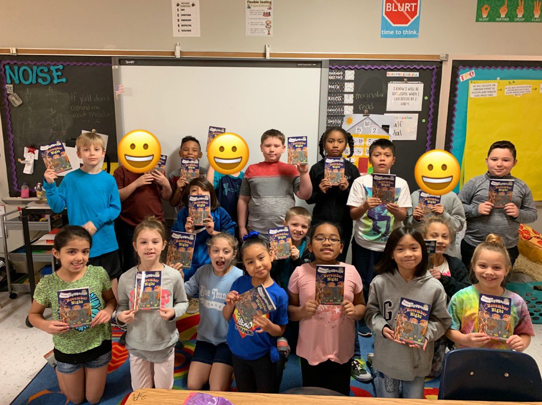 Averitt3rd's tweet photo. Almost didn’t make it, but we got our November books Friday! 😅 We love our first grade friends! @Padgett1st #wesbelievers #westhirdgrade #scholastic https://t.co/7dK46xK6xZ