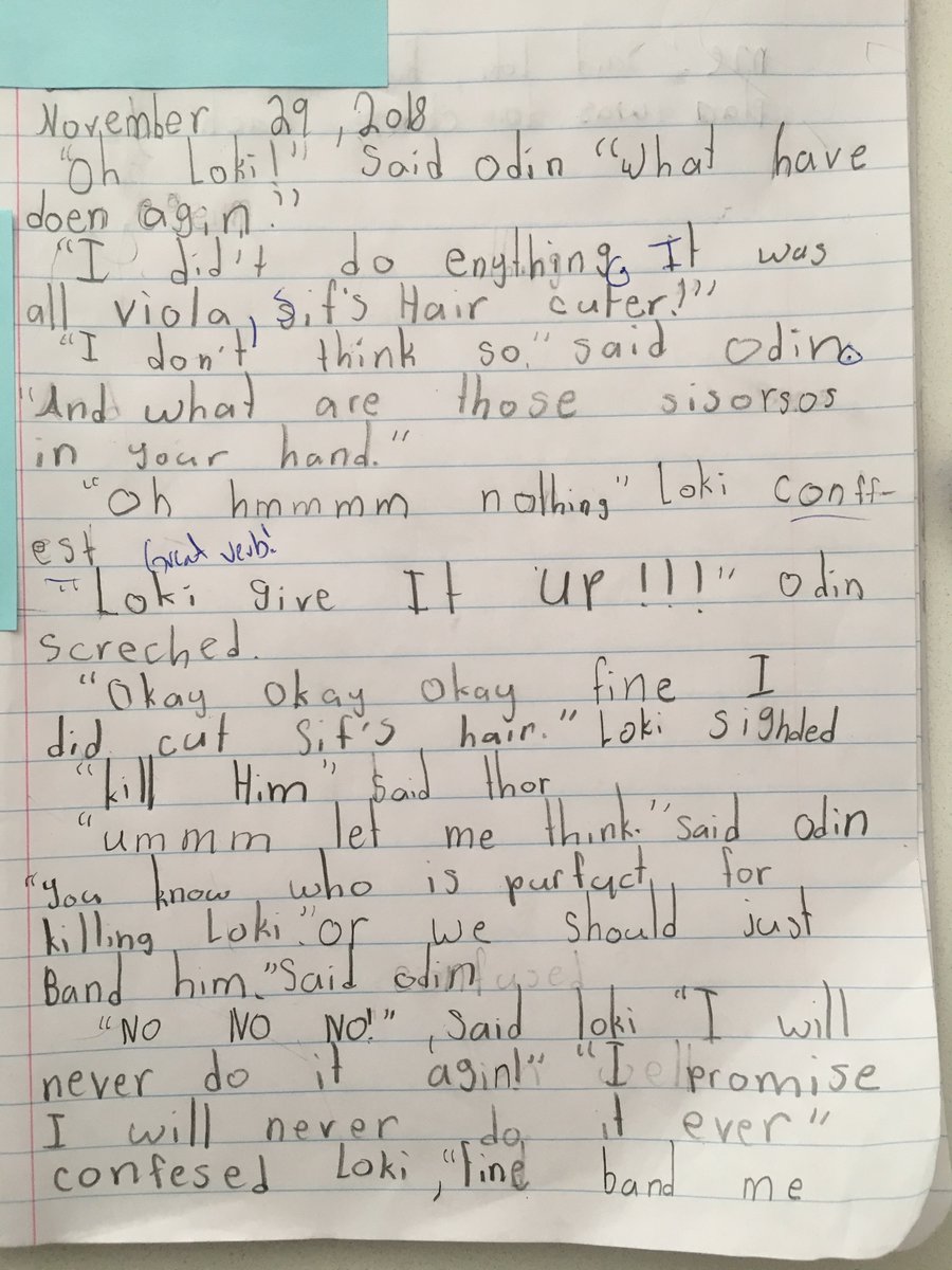 ClassroomD4's tweet photo. Adding dialogue, and some personal touches, to the mythological Norse story of Sif and her Golden Hair. Bottom line, a chance to reinforce content knowledge and use #dialogue conventions correctly. #TeachNVACS #3rdGradeWriting https://t.co/E03R2xhBh6
