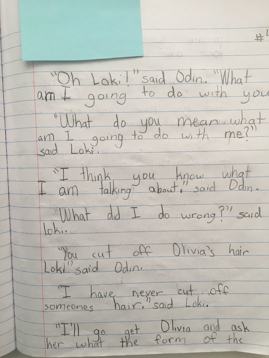 ClassroomD4's tweet photo. Adding dialogue, and some personal touches, to the mythological Norse story of Sif and her Golden Hair. Bottom line, a chance to reinforce content knowledge and use #dialogue conventions correctly. #TeachNVACS #3rdGradeWriting https://t.co/E03R2xhBh6