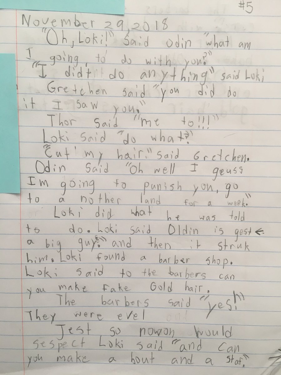 ClassroomD4's tweet photo. Adding dialogue, and some personal touches, to the mythological Norse story of Sif and her Golden Hair. Bottom line, a chance to reinforce content knowledge and use #dialogue conventions correctly. #TeachNVACS #3rdGradeWriting https://t.co/E03R2xhBh6