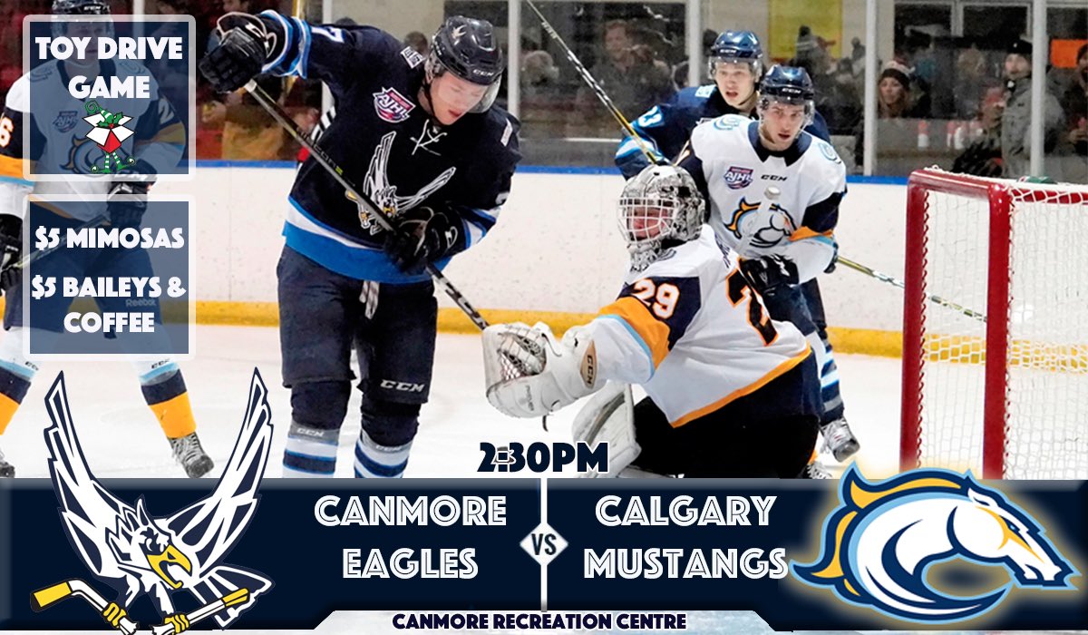 canmoreeagles's tweet photo. It’s GAMEDAY! We host the @CalgaryMustangs for a big South division showdown! Only 2 pts separate both teams. It is Toy Drive Game. Bring a toy and help make someone’s Christmas better. Puck drop is 2:30 pm. Come out and cheer on your Eagles! #AJHL #CMvsCE #goeaglesgo 🦅 https://t.co/VvXcQ8tlPh