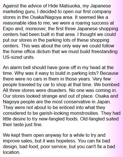 In the video, Weston mentions how the first KFC outlets in Japan matched the layout of stores in the US but were abject failures. He explained more here. /27