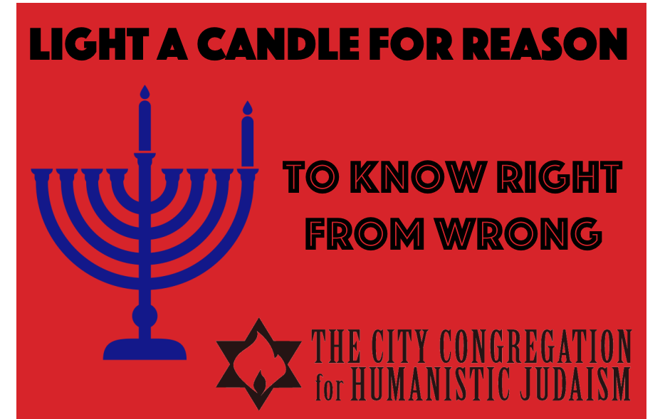 Humanisticjew's tweet photo. Happy #Chanukah! Let there be lights! We light the first candle on the menorah for REASON. It is the light of reason that teaches us to see the difference between right and wrong. #CityCongregation #HumanisticJudaism https://t.co/D0NTgWolhX