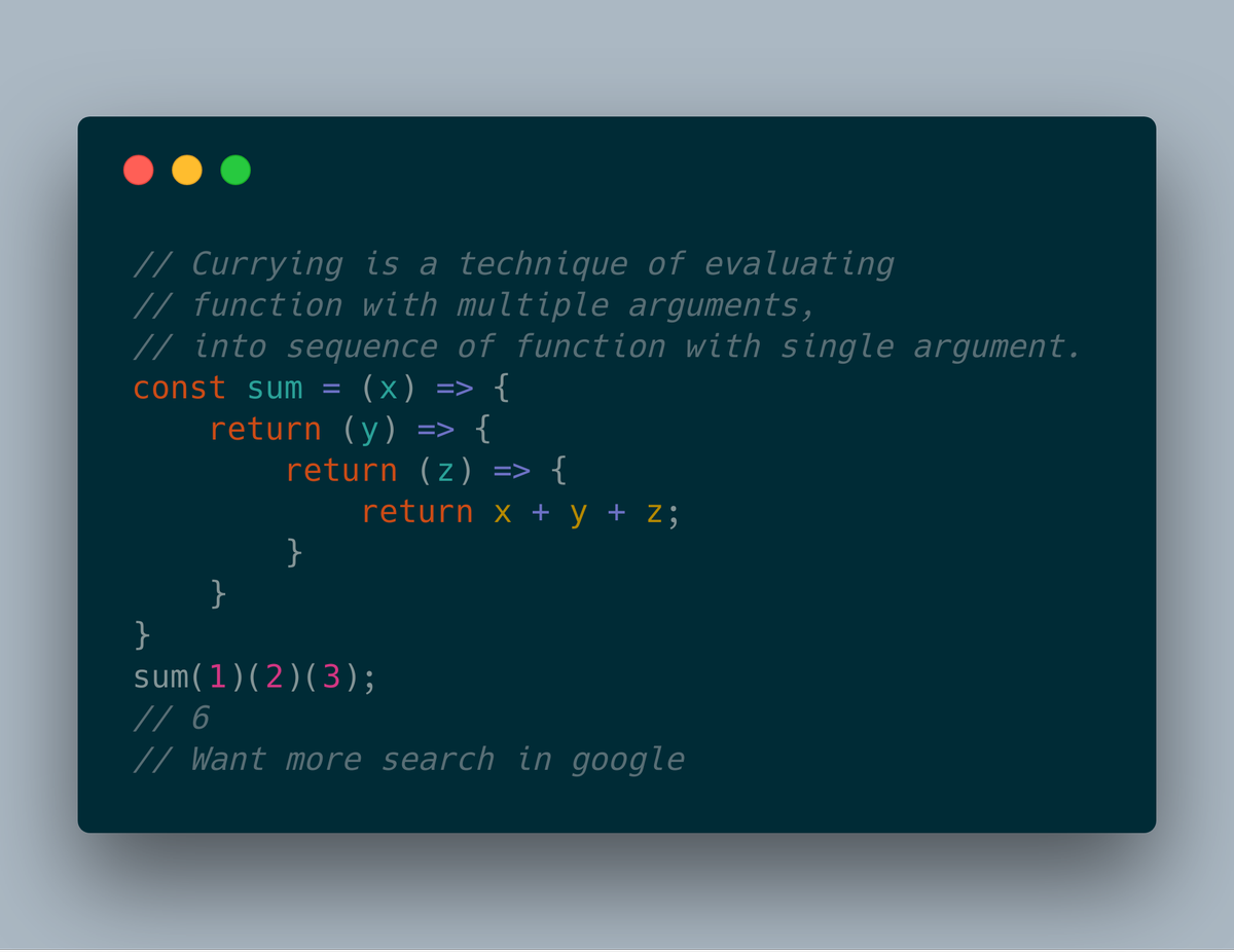 RafsanHashemi's tweet image. Make sum by functional currying in javascript
#WeirdJavascript
#HappyCodingInJavascript