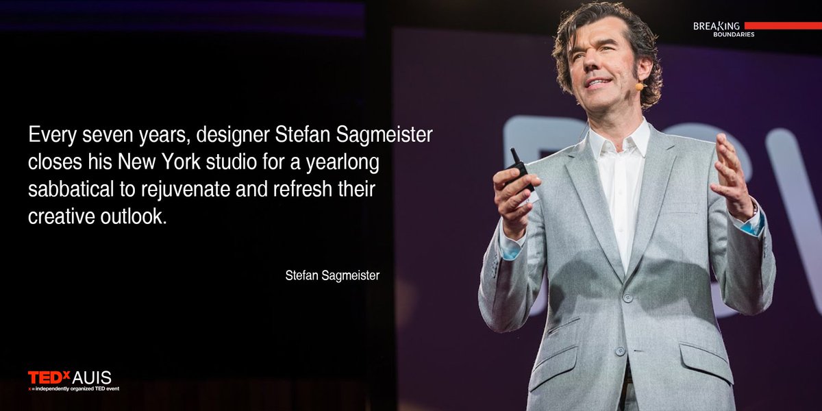 TEDxAUIS's tweet photo. Every seven years, designer Stefan Sagmeister closes his New York  studio for a yearlong sabbatical to rejuvenate and refresh their  creative outlook.

 #TEDxAUIS #TEDxTalks #TEDxCommunity #AUIS #Sulaimanyah #Sulaimani #Slemani #BreakingBoundaries #TEDx #TEDTalks #TEDxAUIS2018 https://t.co/bMld2fvTXH