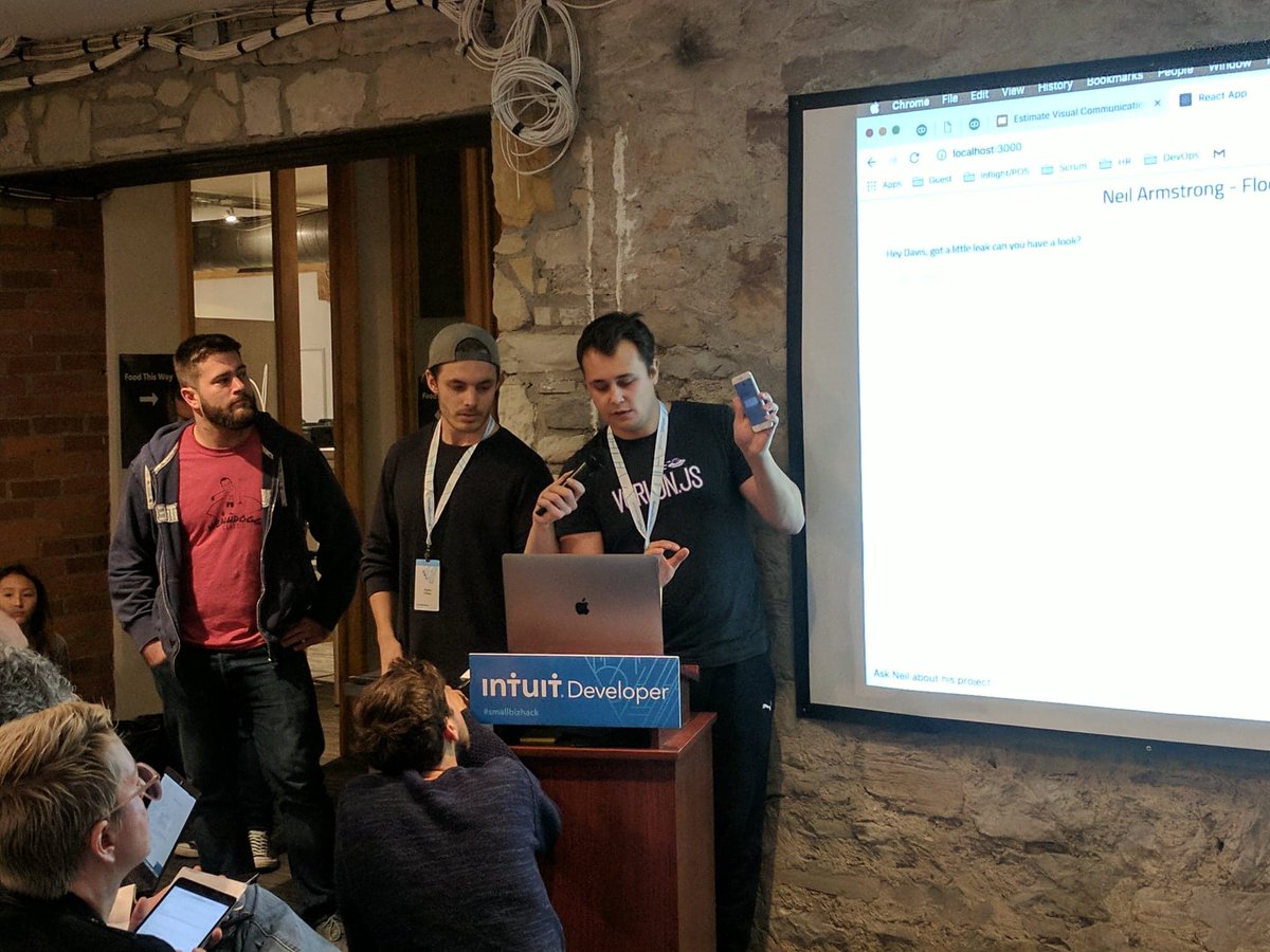 IntuitDev's tweet photo. Pitching Now: EstiMate — A visual communication tool making estimates more accurate in less time. #smallbizhack #EstiMate @QuickBooks @clarifai @BoxPlatform @NexmoDev https://t.co/vslbbU4zYq