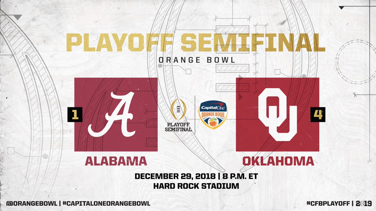 CFBPlayoff's tweet photo. The stage is set for the @OrangeBowl!

@AlabamaFTBL will take on @OU_Football at 8 p.m. ET @HardRockStadium.
 
Who will make it to @BayArea2019? 👀

#CFBPlayoff https://t.co/CZCHX9uQ64