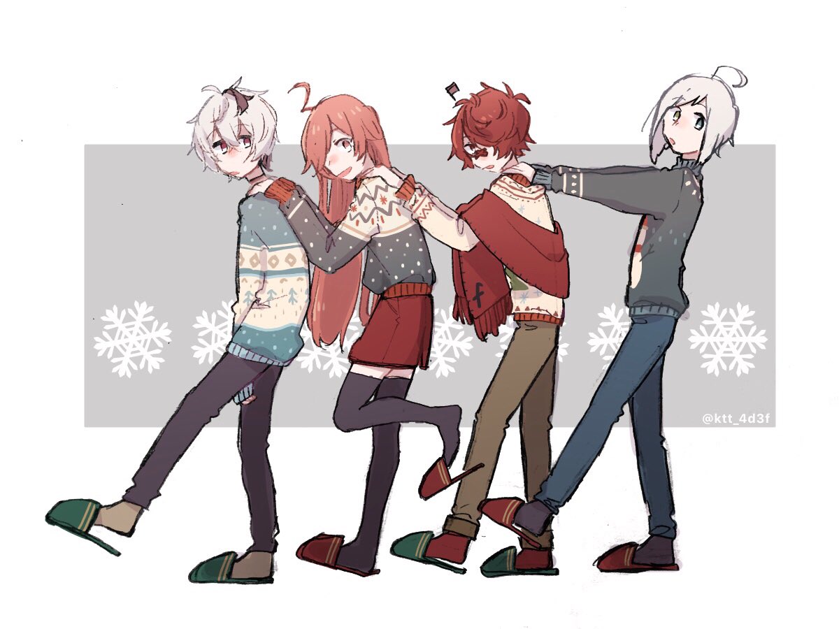 sf-a2 miki pants multiple boys white hair sweater red hair thighhighs slippers  illustration images