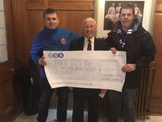 Highland_Loyal's tweet photo. On Thursday Highland Loyal presented a cheque to Willie Henderson for his late daughters charity, The Michelle Henderson Cervical Cancer Trust.  The Money was raised at our recent Sportsman's Dinner, which Willie attended as a guest speaker. https://t.co/lsTX4Z7q7i