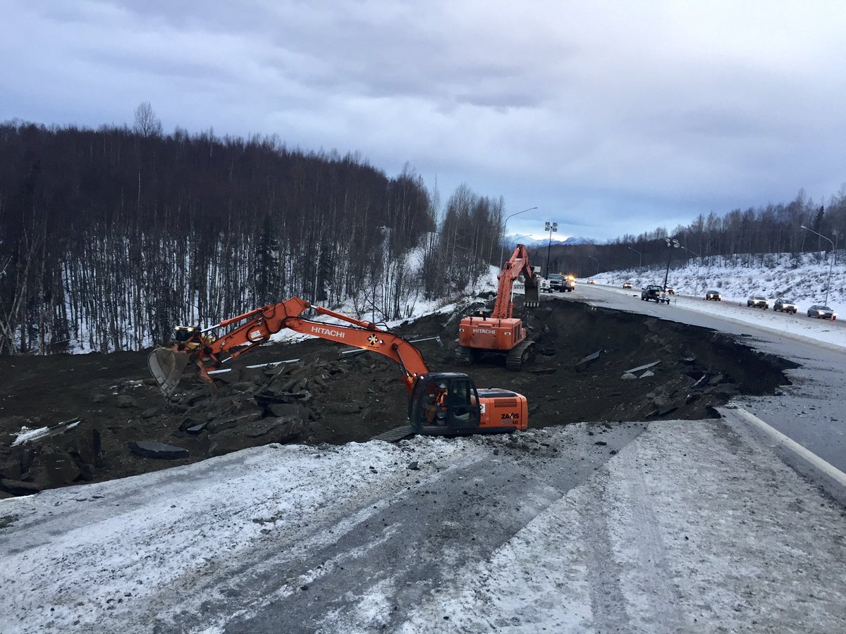 Glenn Hwy travelers, please stay home Monday, if possible.  There is extensive damage on the Glenn, between miles 23-25, Eklutna to Mirror Lake. The highway is open, but limited to one lane of traffic in each direction. Travel not essential? Avoid the area. #AlaskaEarthquake