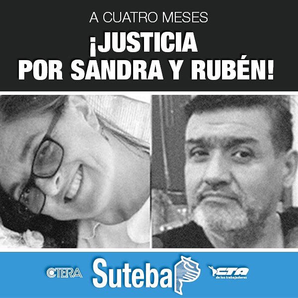 SUTEBAProvincia's tweet photo. A cuatro meses Justicia por Sandra y por Rubén! https://t.co/BlI4wBEBB6