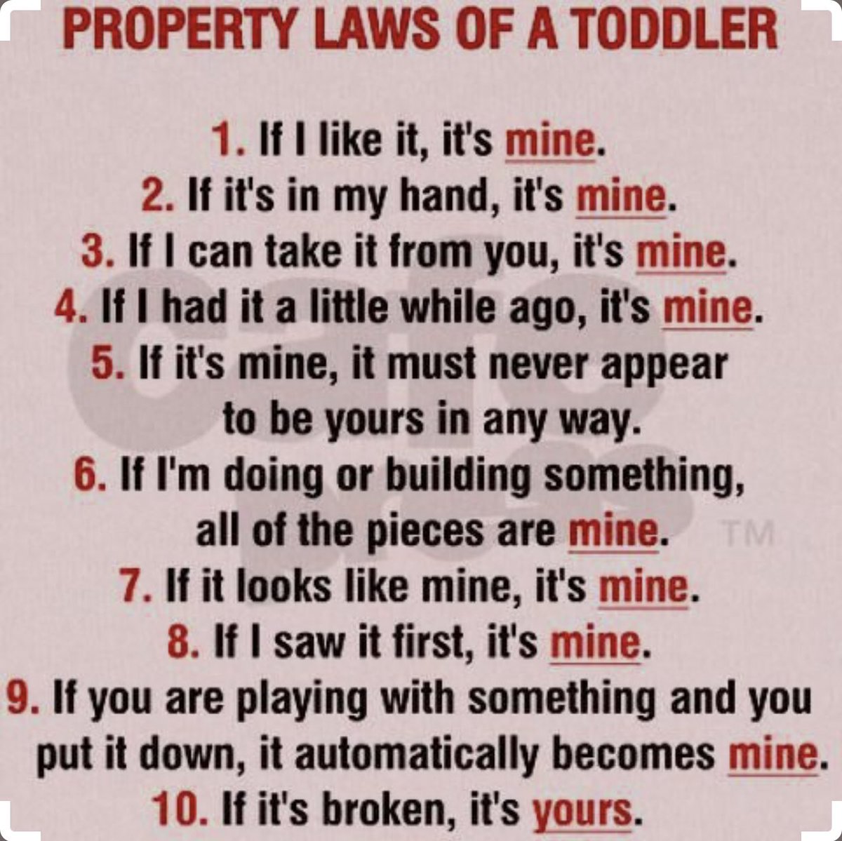 Interesting. The Laws of Property for #Toddlers seem quite close to the Laws of Property of #Cats... need to add, “If it can be sat upon - it’s mine.” 
#PropertyLaws
#Panfursquad 
#MyChairNotYourChair