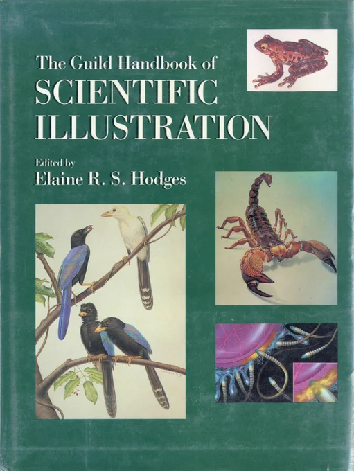 様々な作家のサイエンスイラストの作例、描画法、プロセスが載った本。解剖図から無脊椎動物、昆虫、恐竜まで一通り掲載されている。現在は第二版が出版されている。サイエンスイラストレーションに関わる人はご一読の価値あり。Elaine Hodges."The guild handbook of Scientific illustration" 