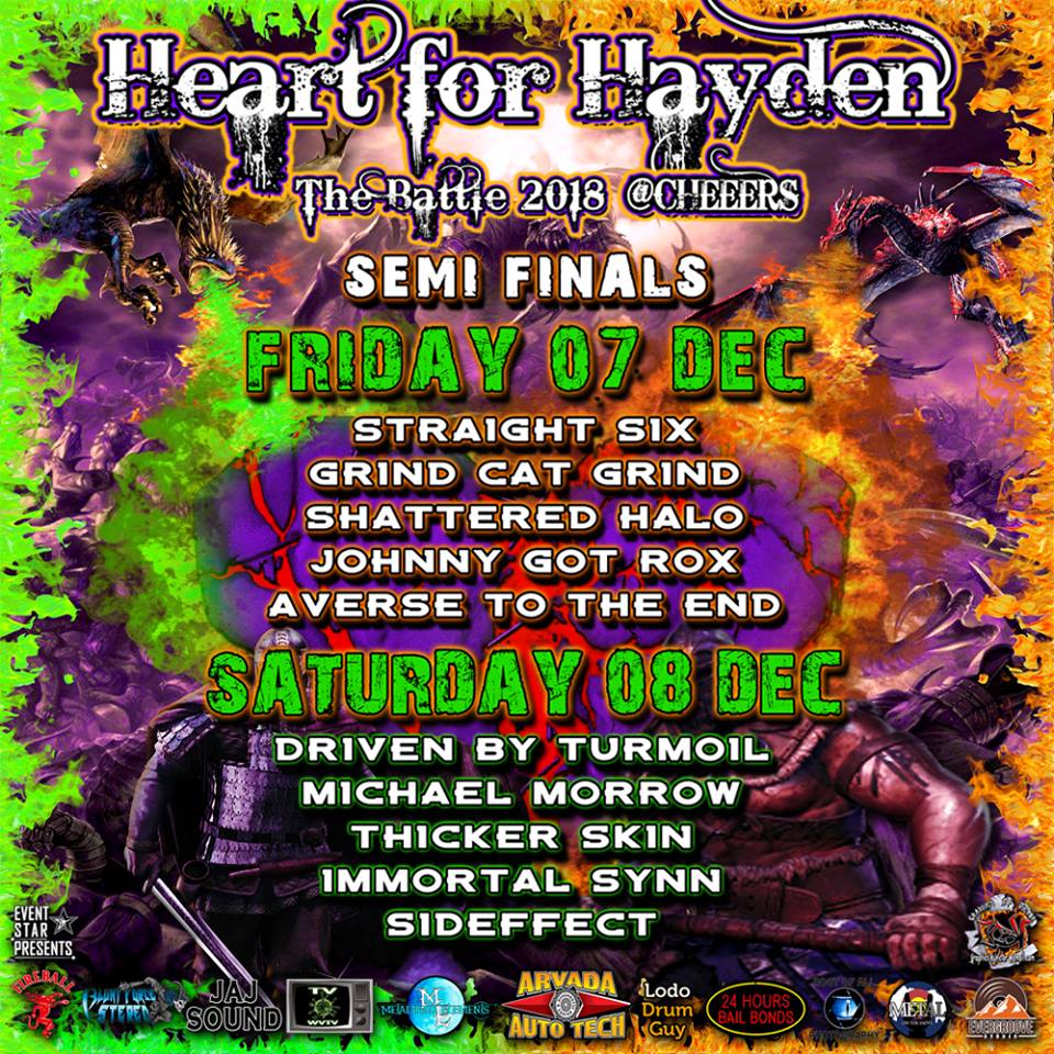 EventStarPro's tweet photo. Just announced 10 #bands in #HeartForHayden Semi Finals Dec 7 &amp; 8 @AtCheers are @StraightSix5280 #DrivenbyTurmoil #GrindCatGrind #ShatteredHalo @aversetotheend #JohnnyGotRox  #MichaelMorrow  @ImmortalSynnCO #ThickerSkin #Sideffect Come out to vote &amp; support @JudisHouse #Colorado https://t.co/V8kz8YvZ6m